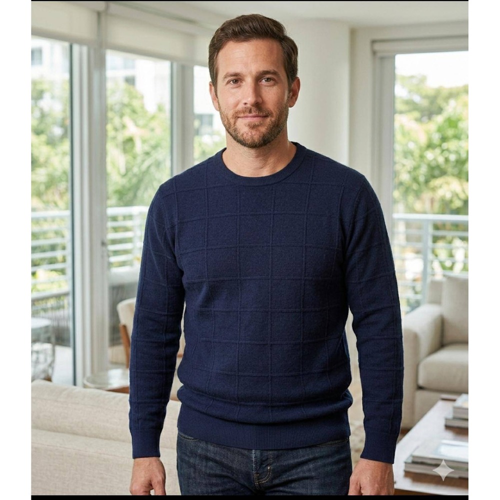 Joseph & Lyman Mens Navy Blue 100% Cashmere Grid Texture Crewneck Sweater Medium